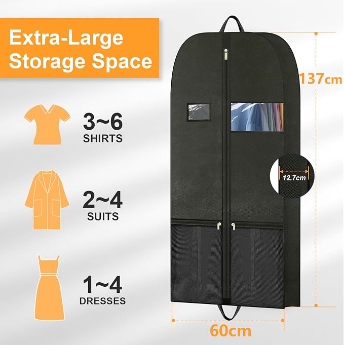 Travel Garment Suit Bag for Hanging Clothes, Suit bags for Closet Storage with Pockets Gusseted Garment bag for Men Suits Shirts Tuxedos Dresses, Suit Cover Bags With Handles and Zipper 54" 2 pack