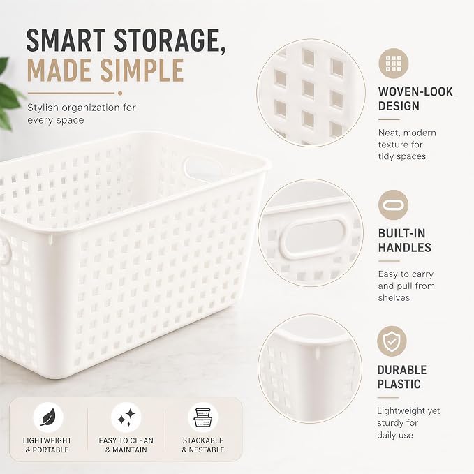6 Pack Plastic Classroom Storage Baskets, Organizer Bins with Handle | White Color 11" × 7.1" × 4.6" Medium Papers Book Storage Organizer for School Classroom Library Office Home Desktop Bookshelf