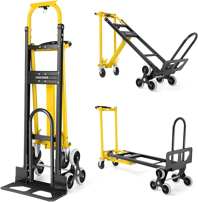 1000LBS Heavy Duty Aluminum Stair Climbing Dolly, 3 in 1 Convertible Hand Truck, Folding Hand Truck Dolly Cart with Solid Wheels for Moving/Travel/Office (Yellow)
