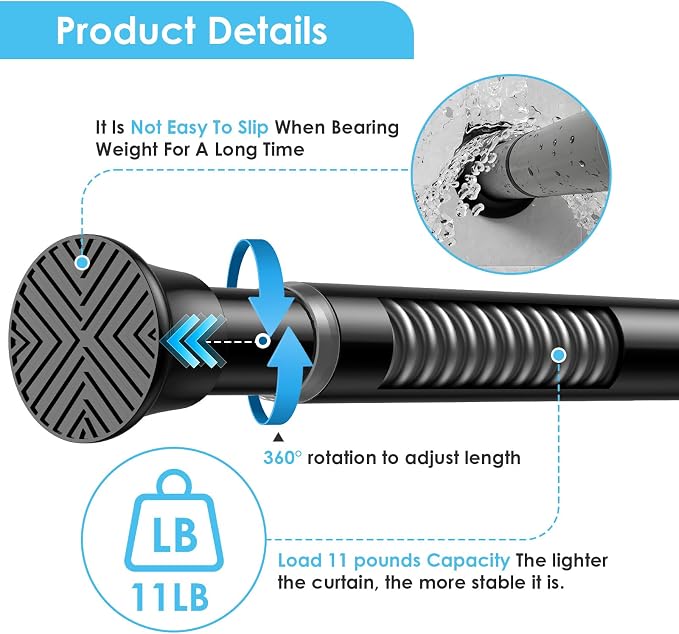 2Pcs Tension Curtain Rod 24 To 46 Inch Black Shower Curtain Rod No Drilling Adjustable Spring Loaded Curtain Rods Shower Rods For Bathroom Windows Bedroom Closet Doorway Door