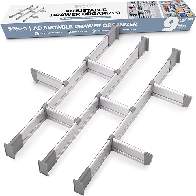 Practical Comfort Aluminum Drawer Organizer for Kitchen Utensils Silverware Flatware 9 Dividers Set | MEDIUM | UPGRADED VERSION
