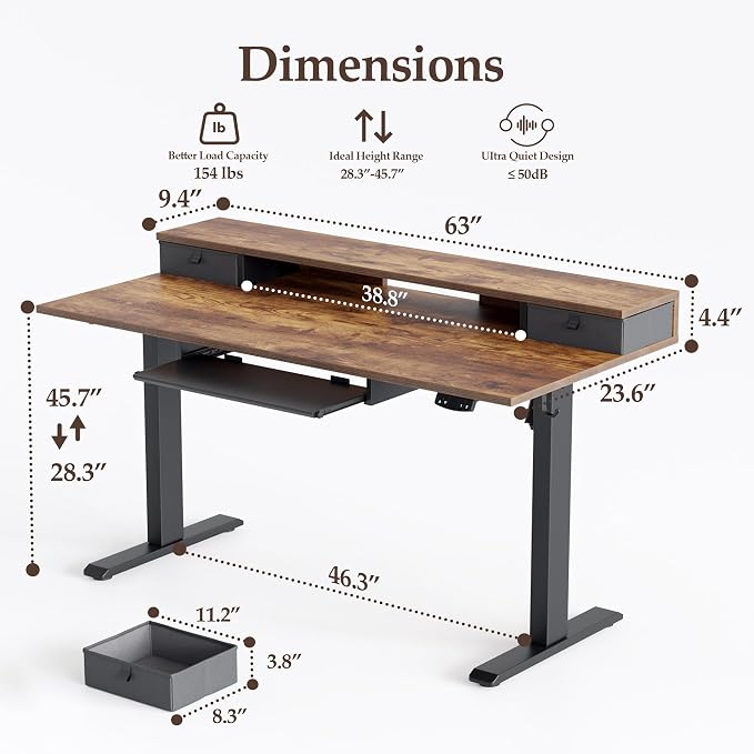 Klicelor 63 x 24 Inch Electric Standing Desk with Drawers and Keyboardtray, Adjustable Height Small Sit Stand Desk for Home Office, Compact Computer Workstation with Storage- Rustic Brown