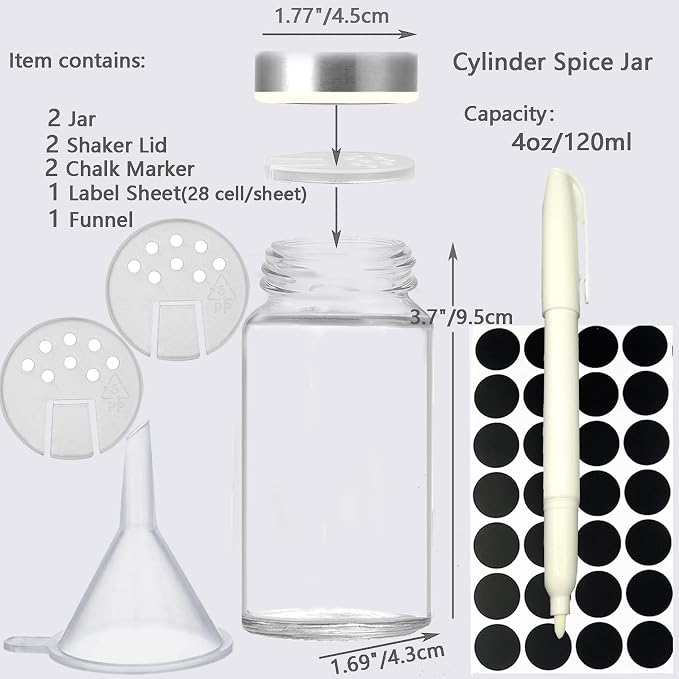2-Pack Glass Spice Jars Set, With Spice Labels, Chalk Marker, Funnel, Shaker Lids and Airtight Metal Caps Included, 4oz Empty Spice Bottles, Square/Cylinder (Cylinder)