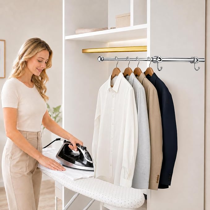 12" Valet Rod for Closets Pull Out, Closet Valet Rod Slide Out with 2 Hooks, Chrome