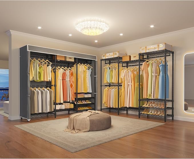 VIPEK V5C Portable Closet Wardrobe Bedroom Armoires Heavy Duty Covered Clothing Rack, Black Metal with Grey Oxford Fabric Cover, Adjustable Custom, 68.9" Lx15.7 Wx76.4 H