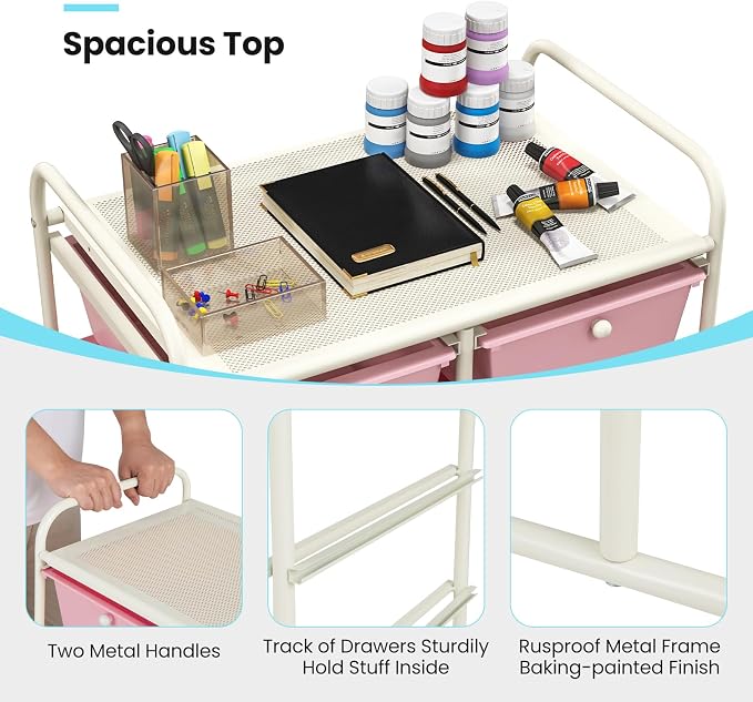 Moccha 10-Drawer Rolling Storage Cart - Under Desk Storage Drawers with wheels for Craft Art Supply Paper Salon, Scrapbook Paper Tools, Mobile Utility Cart for Classroom, Gradient Pink