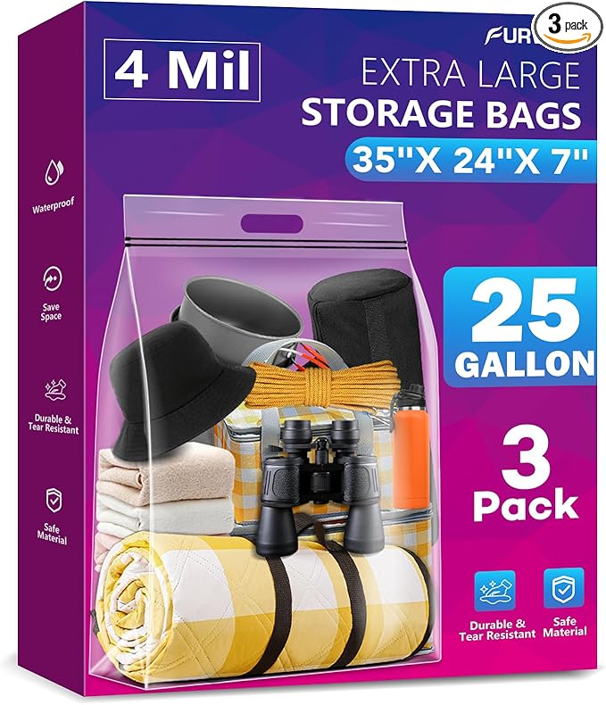 FURWEY 25 Gallon Extra Large Storage Bags 35”x 24”Resealable Clear Bags with Handle 4 Mil Thick Heavy Duty Big Bag for Clothes Pillow Travel Moving,Bedding,Shoes and Toys Storage, Pack of 3