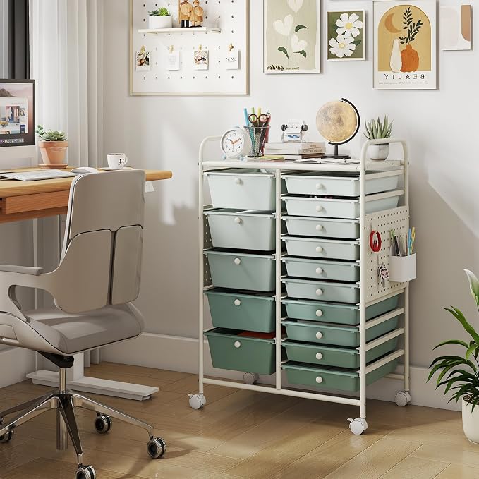 DREAMADE 15-Drawer Rolling Storage Cart, Craft Cart, Gradient Green | Mobile Utility Cart with Metal Pegboard Panels, Tabletop and Lockable Wheels for Classroom, Office, Studio and Playroom