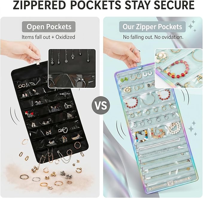 32-Pocket Hanging Jewelry Organizer and Foldable Travel Roll | Clear Zippered Pockets, Necklace Clasps, Swivel Hook and Carry Buckle Keep Pieces Visible and Tangle-Free, Green