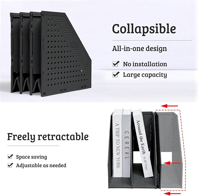 SAYEEC 1Pcs Collapsible Plastic Magazine File Holder Vertical Binder Storage Organizer for Desk Sturdy Upright Desktop Magazine Organizer Folder Rack for Office School Home (3 Compartments, Black)