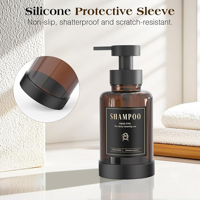 Luxspire Foaming Soap Dispenser, Glass Foam Pump Soap Dispenser, Non-Slip Hand Soap Bottle with 5 Waterproof Labels, 15 Oz Refillable Liquid Soap Bottle for Bathroom & Kitchen, Amber, 1 Pack