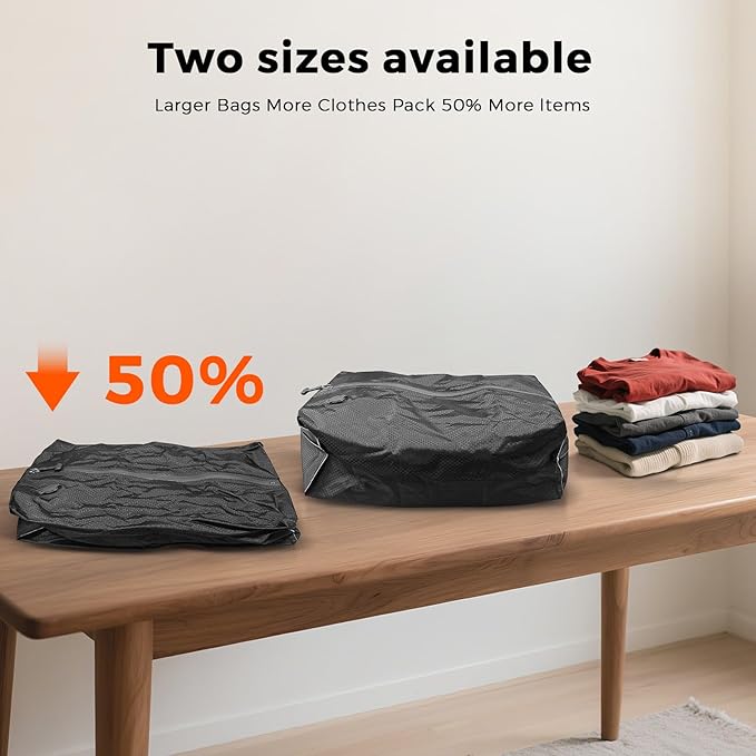 Travel Vacuum Bags with Pump, IP67 Reusable Vacuum Compression Bags for Travel, Backpack & Suitcases | Space-Saving Vacuum Seal Packing Cubes for Clothing (1PC-L-PUMP)