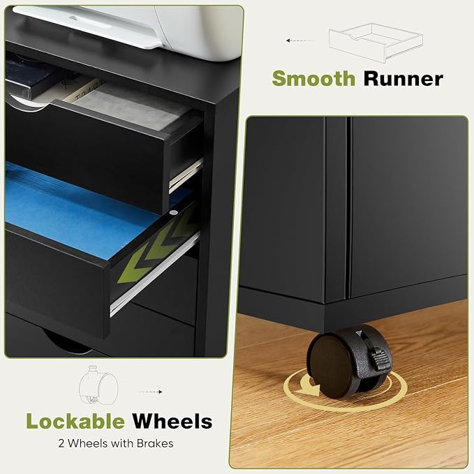 7-Drawer Chest, Office File Cabinet with Wheels, Black