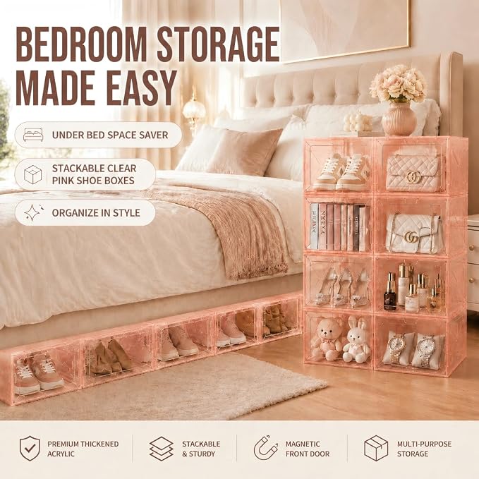 Translucent Pink Shoe Storage Boxes, 2026 2nd Gen Thickened Hard Plastic Stackable Organizer with Magnetic Door, Folding Shoe Racks for Closet, Decorative Sneaker Display Cases, 6 Pack