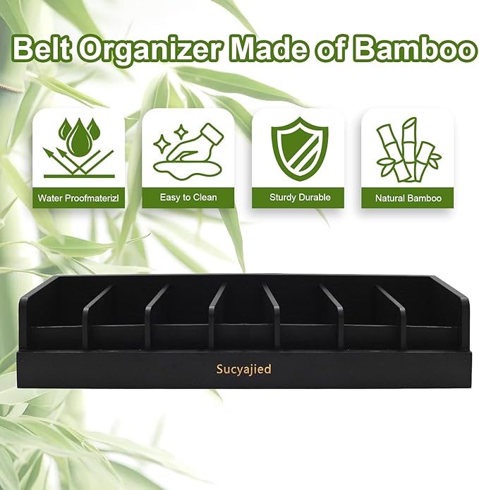 Belt Organizer, Black, 7 Compartments | Natural Bamboo Belt Storage Box, For Closet and Drawer, Belt Holder Case, For Belt and Tie , For Men & Women