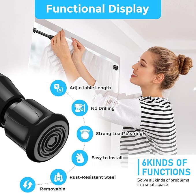 AIZESI Tension Rods for Windows 28 to 48 inch, Adjustable Short Curtain Rods No Drilling Small Tension Rods for Windows Door Kitchen Curtain, Black