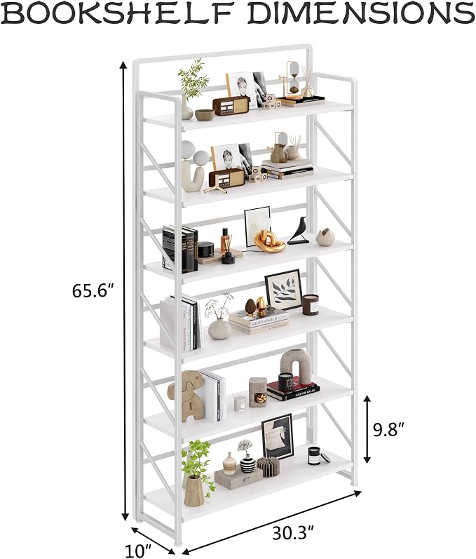 JSB 6 Tier No Assembly Folding Bookshelf, 30.3" Wide Foldable Storage Bookcase for Home Office, Space-Saving Storage Shelf for Living Room (All White)