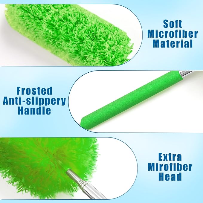 Tanlade 1 Pcs Microfiber Feather Duster for Cleaning, Extendable 13-31 Inch Ceiling Fan Duster with Bendable Head, Washable Tools for Ceiling Fans, Furniture, Car, Cobwebs (Green)