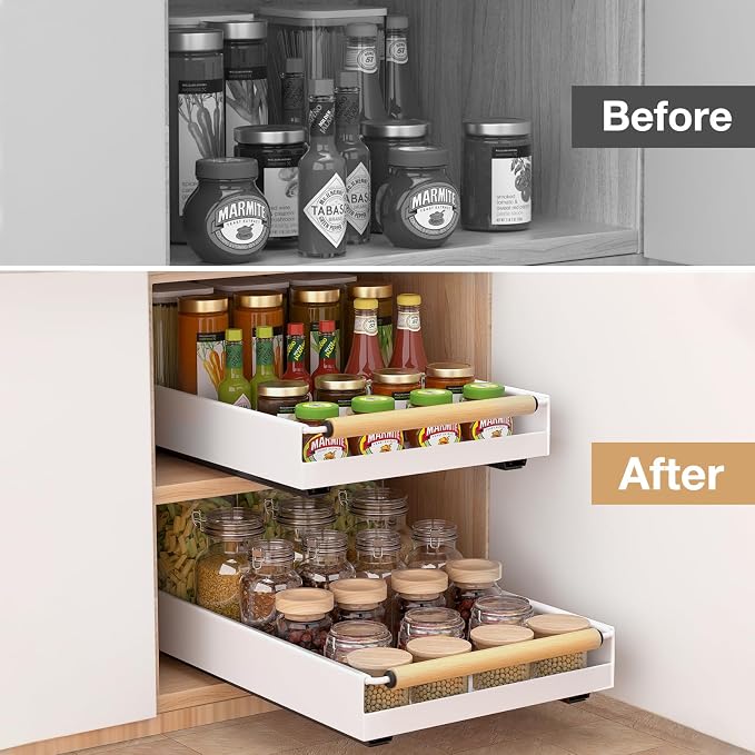 Pull out Cabinet Organizer, 16" Deep Pull Out Drawer for Kitchen Cabinets Adhesive with Nano Film, Slide out Cabinet Organizer Shelf for Pantry Bathroom Organization White