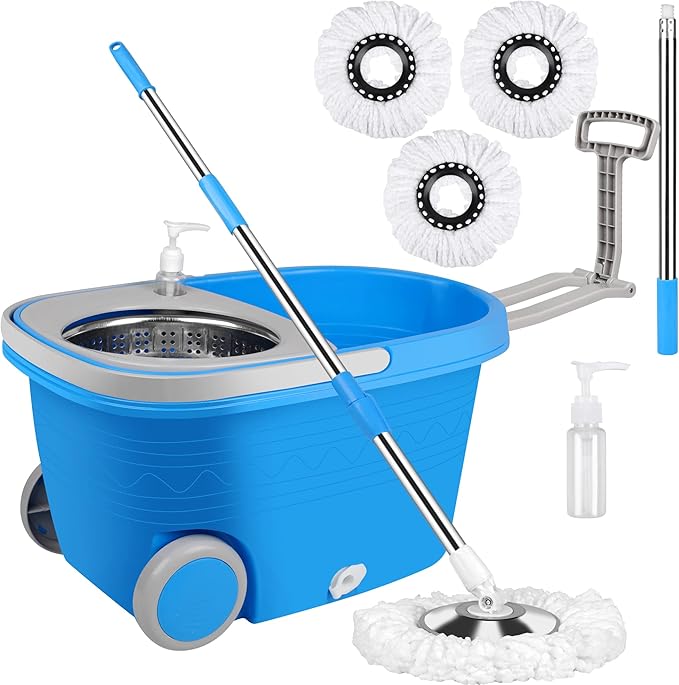 Mop and Bucket with Wringer Set, Mop and Bucket on Wheels Floor Cleaning System with Spin Mop Head 61 Inch Refills Extended Stainless Steel Handle for Home Office Household Cleaning