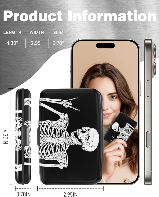 Maicican Credit Card Holder, Mini RFID Blocking Aluminum Wallet | Slim Metal Hard Case Travel Wallet ID Case for Women and Men, 4.3 x 2.9 Inches, Skull