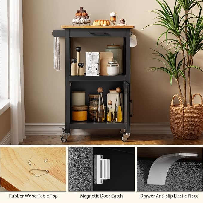 Qsun Microwave Cart, Microwave Stand | Kitchen Island on Wheels, Rolling Kitchen Cart with Rubber Wood Countertop, Side Hook, Microwave Cart for Small Space
