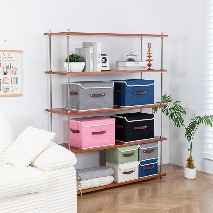 Collapsible Storage Boxes Baskets with Lid Cotton Linen Fabric Storage Bins with Faux Leather Handles Decorative Washable Cube Organizer Container for Home Closet Bedroom (Gray, Small Size)