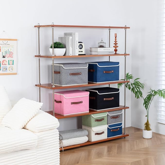 Collapsible Storage Boxes Baskets with Lid Cotton Linen Fabric Storage Bins with Faux Leather Handles Decorative Washable Cube Organizer Container for Home Closet Bedroom (Gray, Large Size)