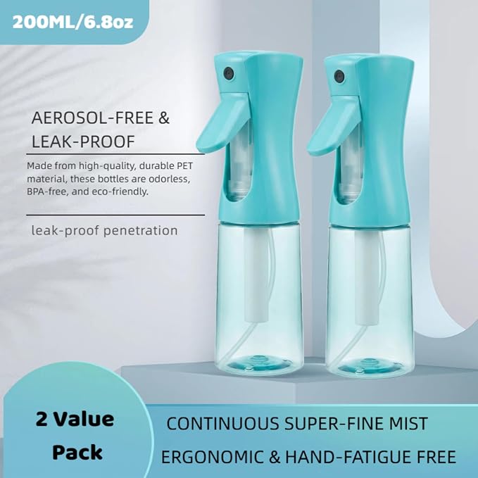 2 Pack Continuous Spray Bottle for Hair, Ultra Fine Mist Water Sprayer, Empty Aerosol-Free Styling Mister for Curly Hair, Gardening, Plants, Cleaning & Skincare (6.8oz/200ml - Teal)