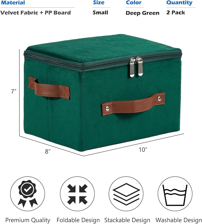 2PCS Storage Bins with Zipper Lid Velvet Fabric Storage Box Lidded Basket Foldable Washable Decorative Closet Shelf Clothes Organizer Container with PU Leather Handles (Deep Green, Small)