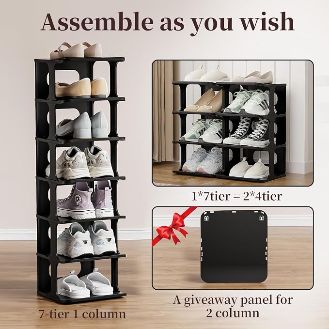 HAIXIN 7-Tier Narrow Vertical Shoe Rack, Skinny Shoe Tower for Closet | Space-Saving Storage, Stackable Modular Design, Easy Assembly, 7 Tiers or Two 4-Tier Shelves, Shoe Cubby for Small Shoe Size