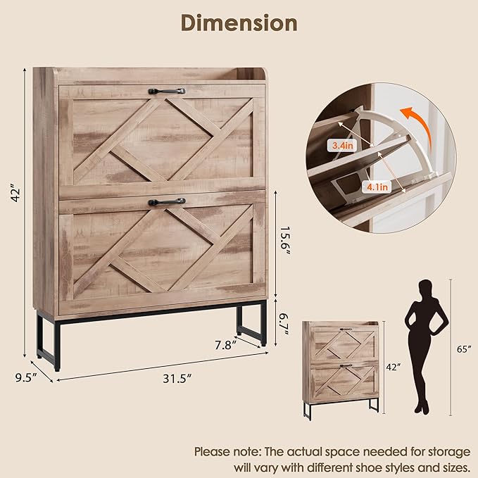 Nicetree Shoe Cabinet Storage for Entryway, Slim Shoe Storage Cabient with 2 Flip Drawers, Narrow Vertical Shoe Rack Cabinet with Metal Hooks, Small Space Solution for Hallway, Oak