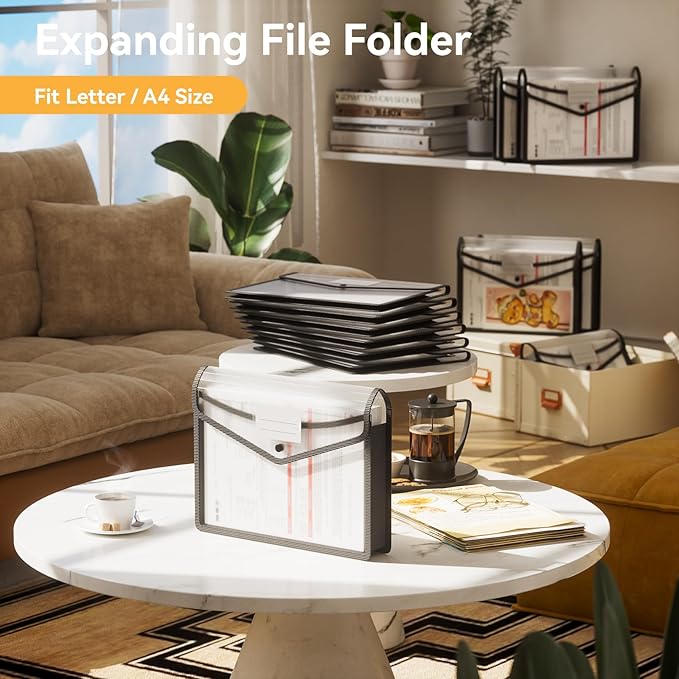 ABC life 6-Pack Plastic Expanding File Folders, Folders for Documents with Snap Closure, Large Capacity Document Envelopes, Fits Letter/A4 Size Paper - Black