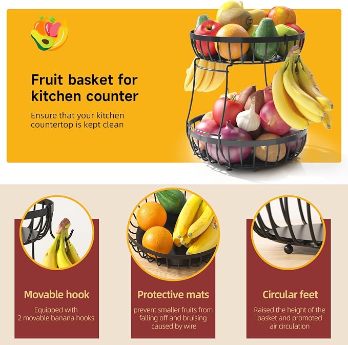 Sevenblue 2 Tier Fruit Basket for Kitchen Counter with 2 Banana Hangers, 2026 Pro Detachable Metal Fruit Bowl with Wooden Handle,Fruit Holder for Bread Snack Veggies, Black Extra Large