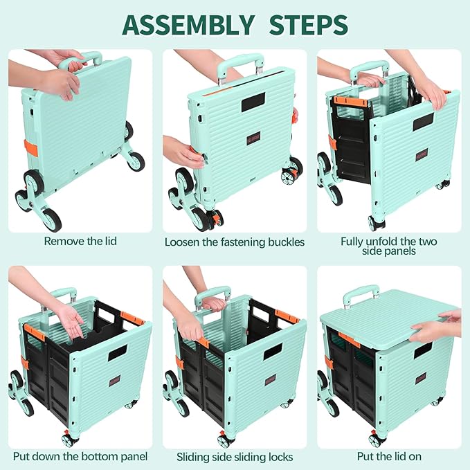 SELORSS Foldable Utility Cart Collapsible Crate Rolling Carts with Stair Climbing Wheels Rolling Tote Basket Teacher Cart with Lid Wear-Resistant 360°Rotate Wheel Noiseless for Shopping Grocery Office
