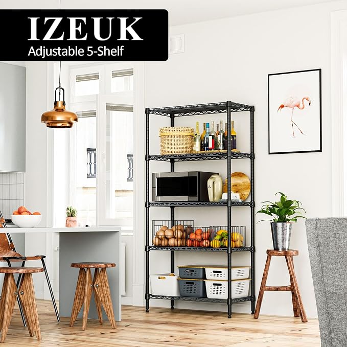 1250 LBS Storage Shelving Unit, Black Wire Rack Shelf for Garage & Kitchen | 5 Tier Metal Shelving Storage Rack, 13.7" D x 23.6" W x 63" H Adjustable Shelving Unit for Pantry, Laundry, Home Organization