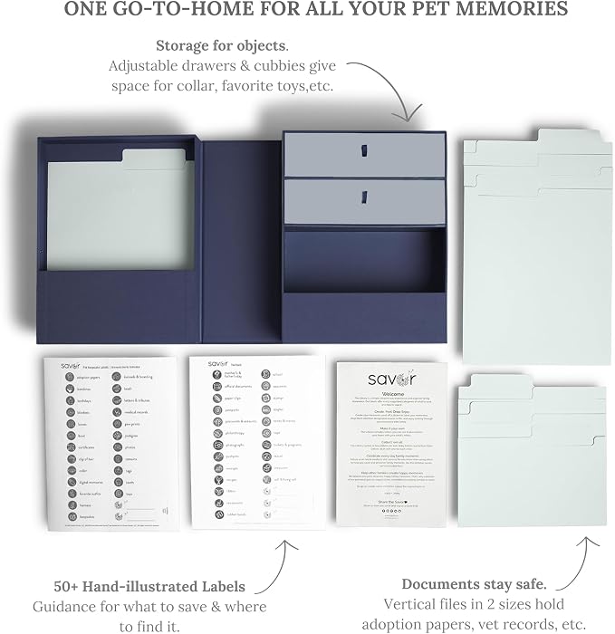 Savor | Pet Memorial Box for Dog, Cat, and Other Pets | Personalizable Pet Loss Sympathy Gift and Keepsake Box for Vet Records, Tags, Collars, Toys, and More (Blue, Adelaide Style)