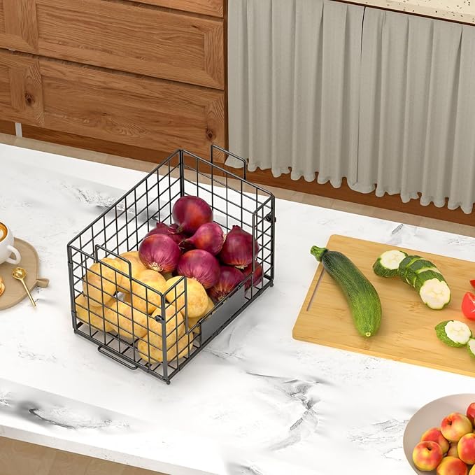 2-Pack Stackable Wire Baskets with 2 Pads & Bamboo Top, Pantry Organizer | Potato and Onion Storage Bin with Labels, Organize Produce/Fruit/Vegetable on Kitchen Counter, Cabinet or Under Sink, XL