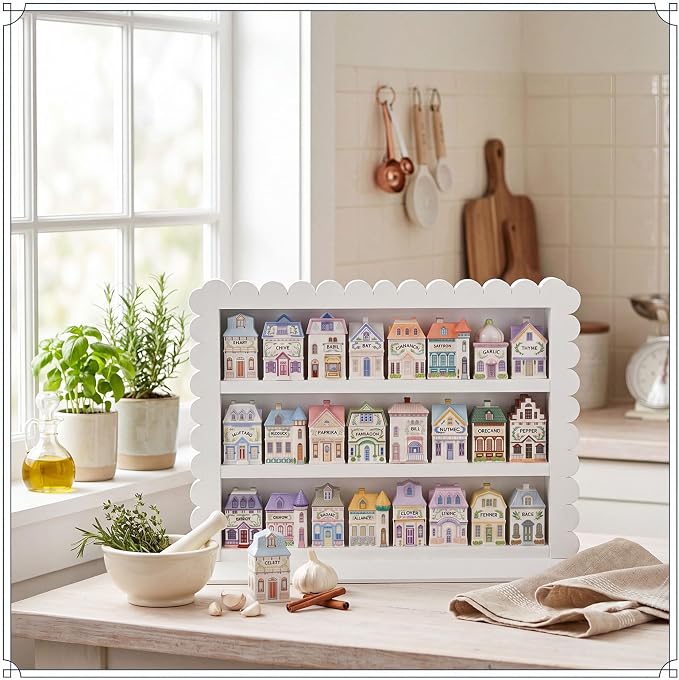 Chunful Vintage Spice Jar Wooden Rack White Scalloped Aesthetic Spice Shelf for 24 Jars, Village Style Wall Mounting Kitchen Storage Decorative Hanging Display Rack, Shelf Only