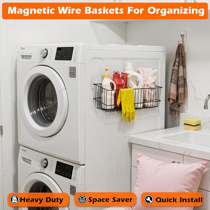 MUTUACTOR Heavy Duty Metal Wire Baskets,Magnetic Mount Hanging Wall Basket Storage,Extra Large Magnet Metal Wall Basket For Organizing Kitchen Laundry Closet Garage RV,Black,2PCS