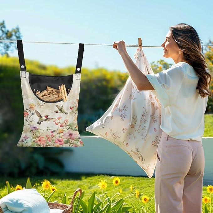 Art Hummingbird Clothespin Bag Clothespin Storage with Hanger Hook Canvas Clothespin Bag with Large Opening Space-Saving Clothespin Holder Clothespin Bag for Outdoor Use