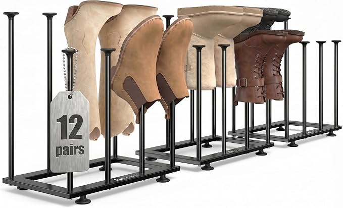 Free Standing Shoe Rack Organizer, Black Metal Tall Boot holder, Space-Saving Shelf Storage, for Closet, Entryway, Garage, Bedroom, Outdoor, Apartment, Front Door, Entrance, Fits 12 Pairs