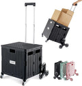 MACOPRO Foldable Utility Cart with Stair Climbing Wheels, Collapsible Rolling Crate with Telescoping Handle, Folding Shopping Trolley Handcart Grocery Book File Tool Teacher Storage Basket (Black)