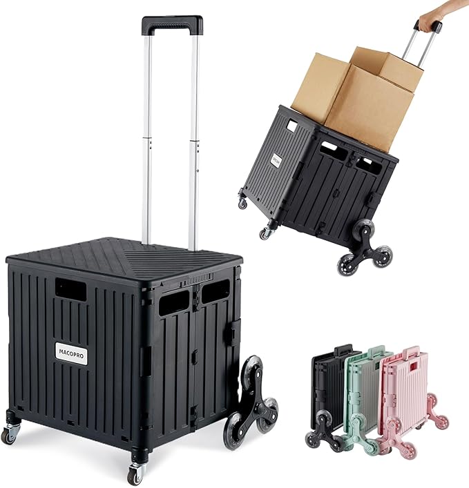 MACOPRO Foldable Utility Cart with Stair Climbing Wheels, Collapsible Rolling Crate with Telescoping Handle, Folding Shopping Trolley Handcart Grocery Book File Tool Teacher Storage Basket (Black)