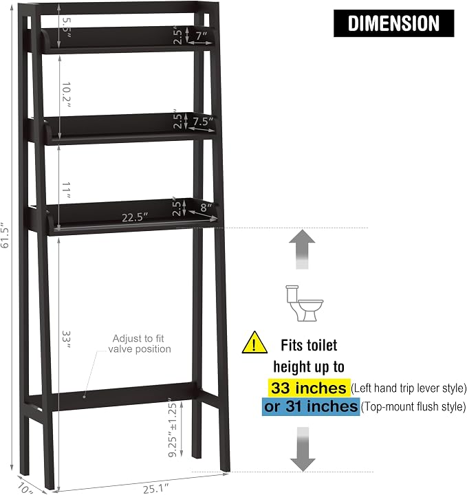 UTEX Behind Toilet Bathroom Organizer, 3-Tier Wood Ladder Shelf, Espresso | FSC-certified MDF, Modern Open Ladder-style Design, Raised Side Guards, Adjustable Lower Crossbar, 33-Inch Clearance