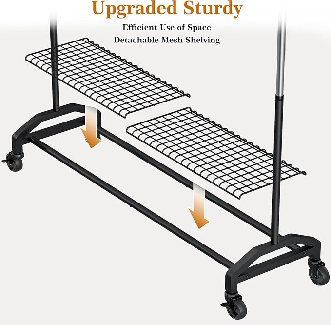 Wiracks Heavy Duty Clothes Rack for Hanging Clothes Extendable Rolling Clothing Rack for Hanging Clothes 350lbs Chrome 51 to 71" W x 16.53" D x 65" to 71" H 3" Industrial Wheels