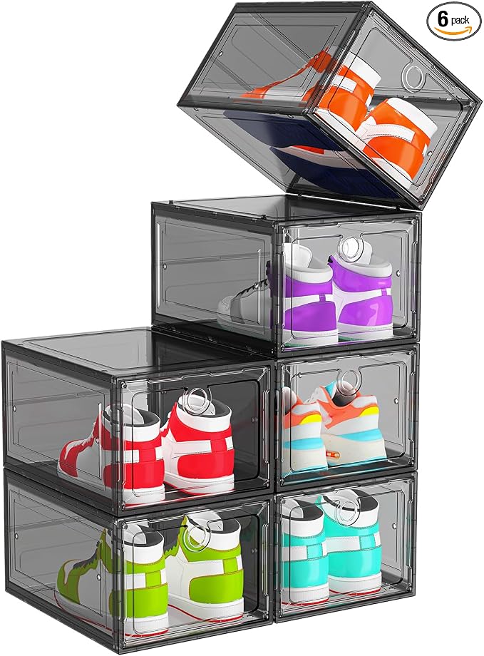 ARSTPEOE 6-Pack Black Shoe Storage Boxes Magnetic Stackable | Upgraded Harder Material, Stackable Space-saving, Fits Sneakers & Boots, Clear Magnetic Front Door