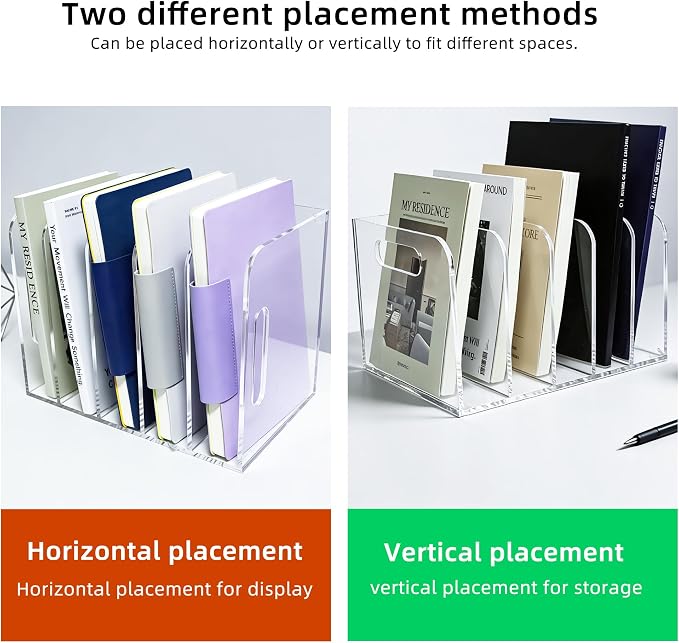 Clear Acrylic Magazine File Holder, 5 Compartment Desk Organizer | 5 spacious vertical compartments hold magazines, files, books & more. Clear acrylic, non-slip base. No assembly, portable.