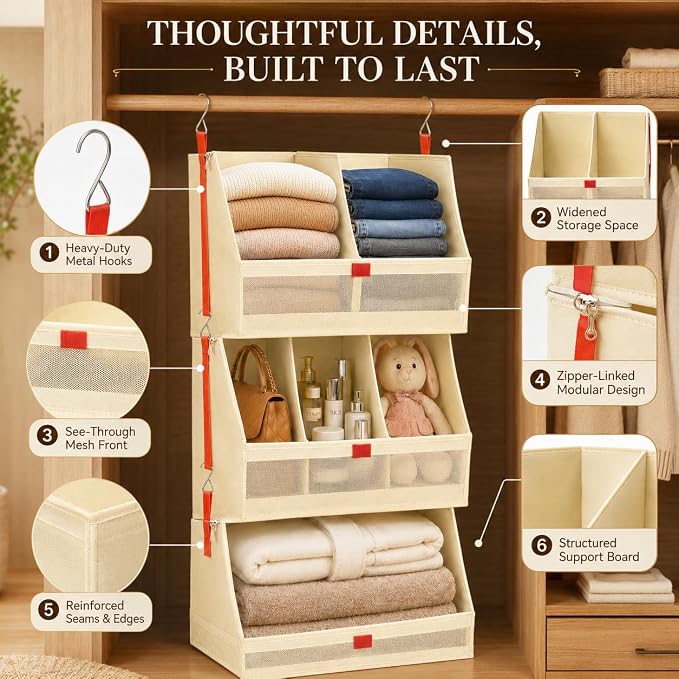 Fabric Hanging Closet Organizer Heavy Duty Shelf Hanging Storage Towel Clothes Sweater Jeans Bag Organizer For Closet For Bedroom,Dorm,RV,See Through Front Panel, Space-Saving (Beige-3Tier Extra Wide)