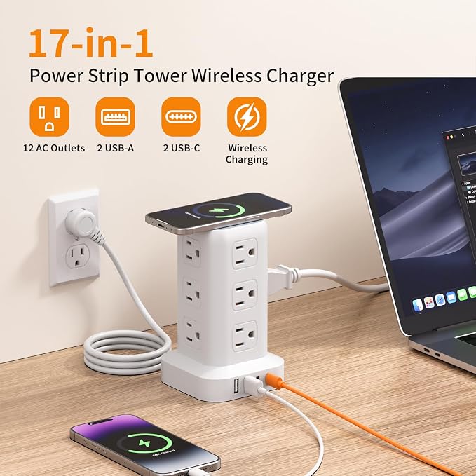 Extension Cord with Multiple Outlets, SMALLRT Surge Protector Power Strip Tower, Outlet Extender with 12 AC Outlets 4 USB, 6.5FT Extension Cord for Home Dorm Room, Office Supplies,Overload Protection